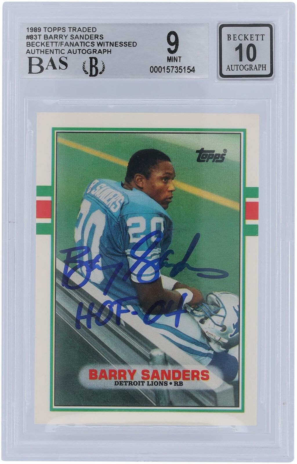 Autographed Barry Sanders Lions Football Slabbed Rookie Card Item#12837115 COA